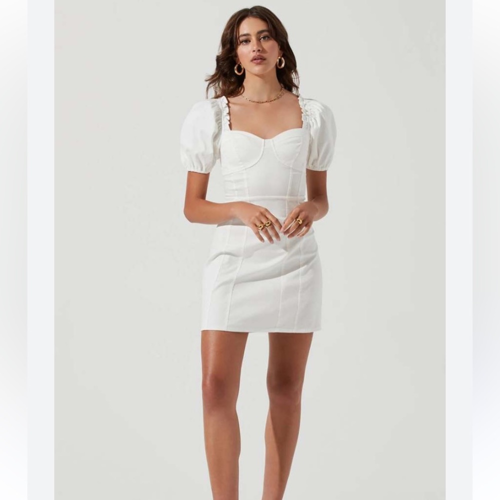 ASTR the Label Skylar Puff Sleeve Mini White Denim Dress - Small